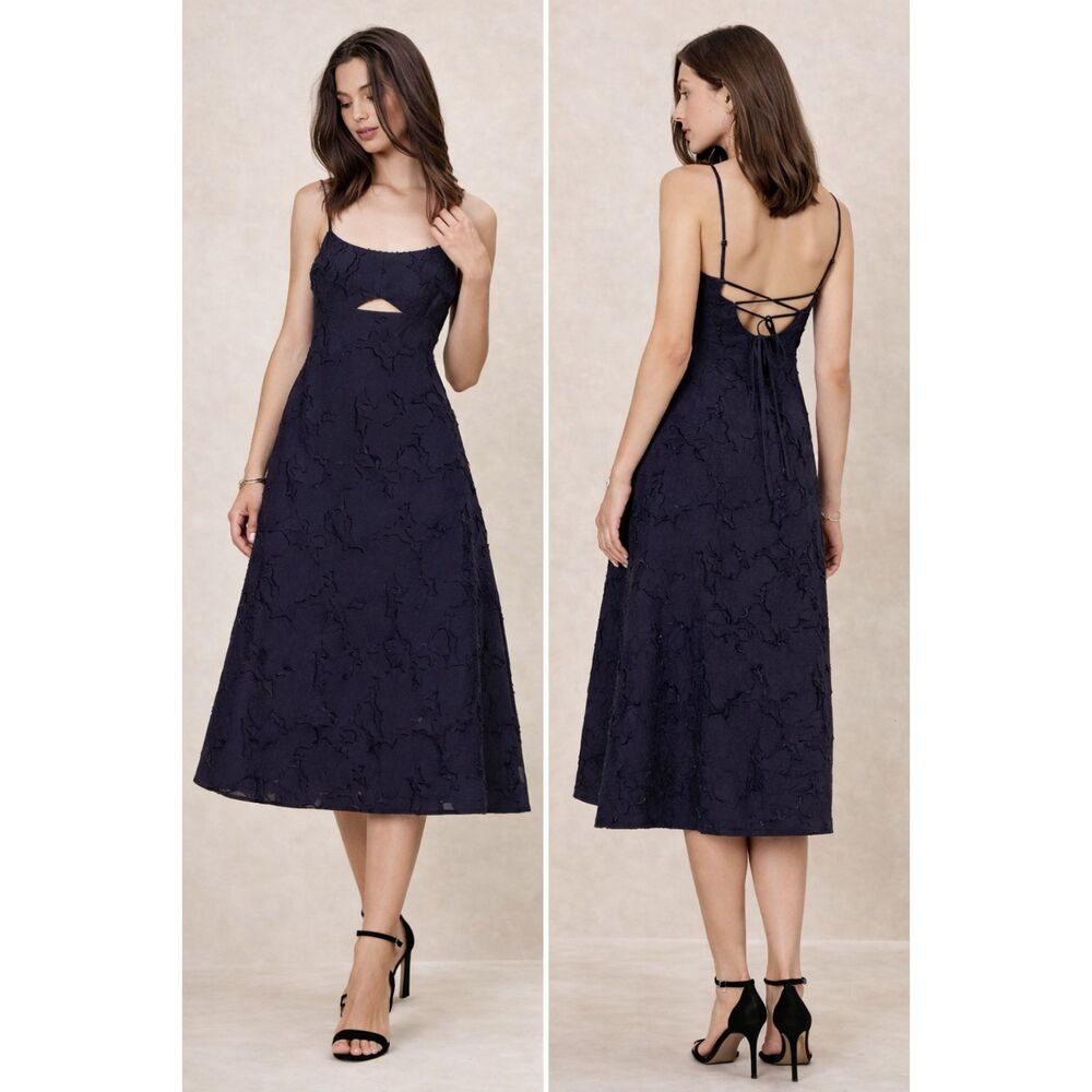 Banana Republic Navy Jacquard Cutout Lace-Up Midi Dress Romantic Party NWT 12